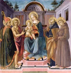 Madonna och barn med tronar (LtoR) SS. Zenobius, Johannes Döparen, Antonius Abbot och Franciskus.